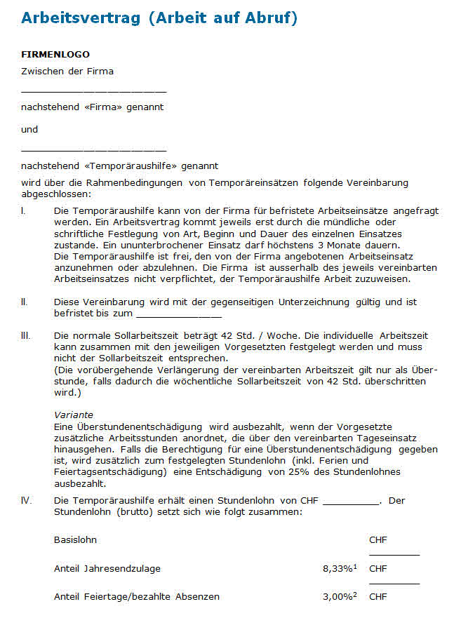 Arbeit Auf Abruf Muster Arbeitsvertrag Zum Download