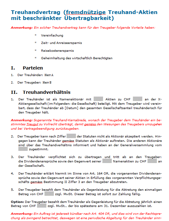 Treuhandvertrag Fremdnutzige Treuhand An Aktien Muster Zum Download