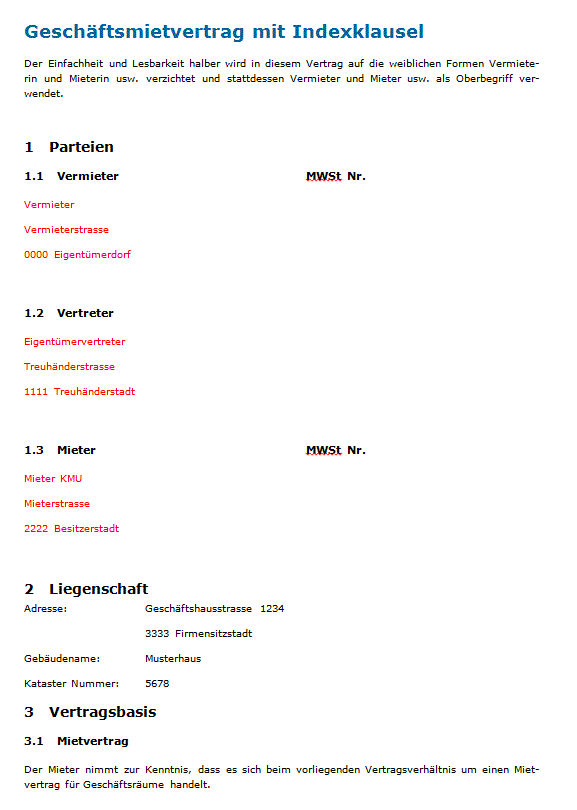 Geschäftsraummietvertrag: Muster nach Schweizer Recht zum ...