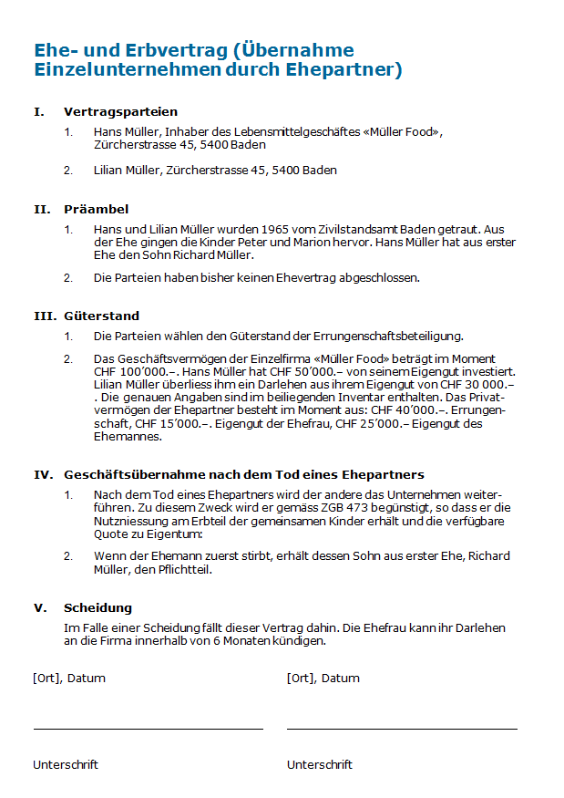 Ehe Und Erbvertrag Ubernahme Einzelunternehmen Durch Ehepartner Muster Zum Download