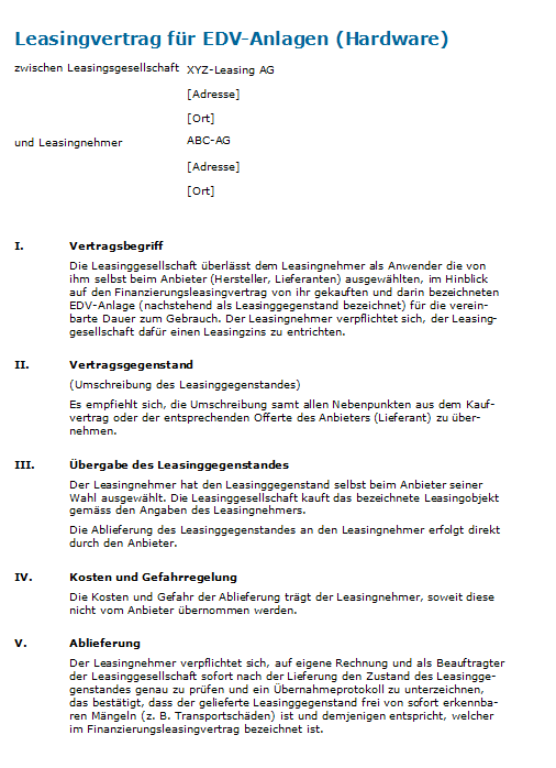 Muster Leasingvertrag Vorlage Nach Schweizer Recht Zum Download Muster Leasingvertrag Vorlage Nach Schweizer Recht Zum Download